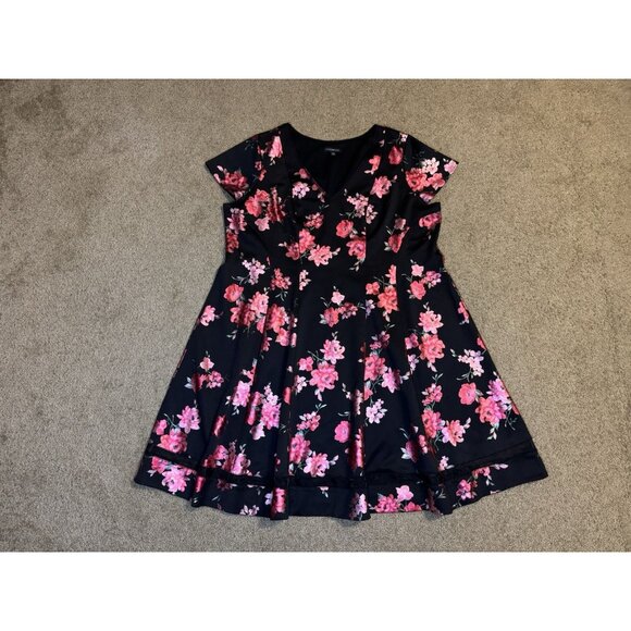 LANE BRYANT Black Fit-Flare Dress Pink Floral Vneck Romantic Formal Preppy 26/28 - Picture 1 of 11